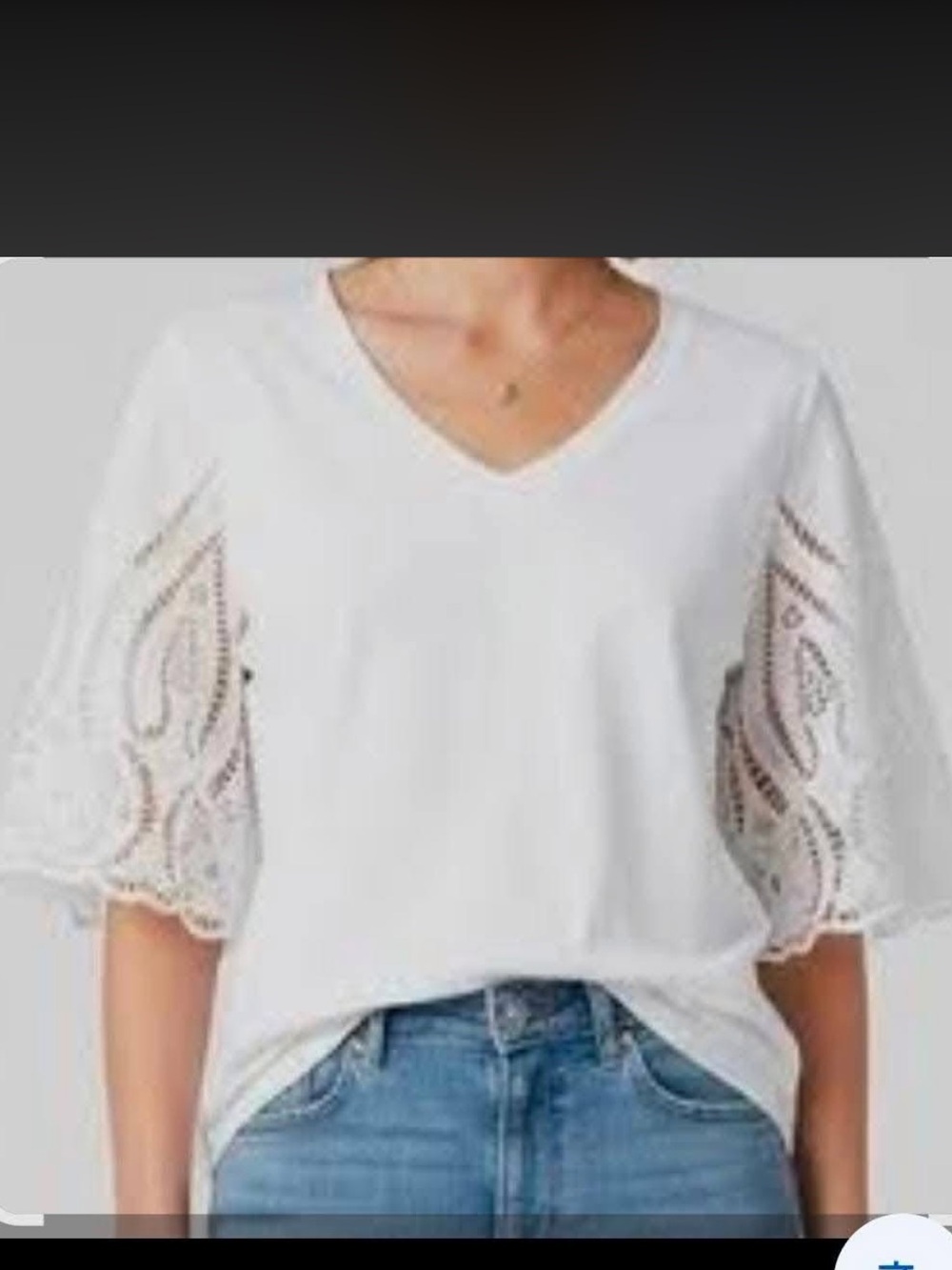 Chico's Alabaster Lace Sleeve White V-Neck with Crochet Lace Short Sleeves SZ L